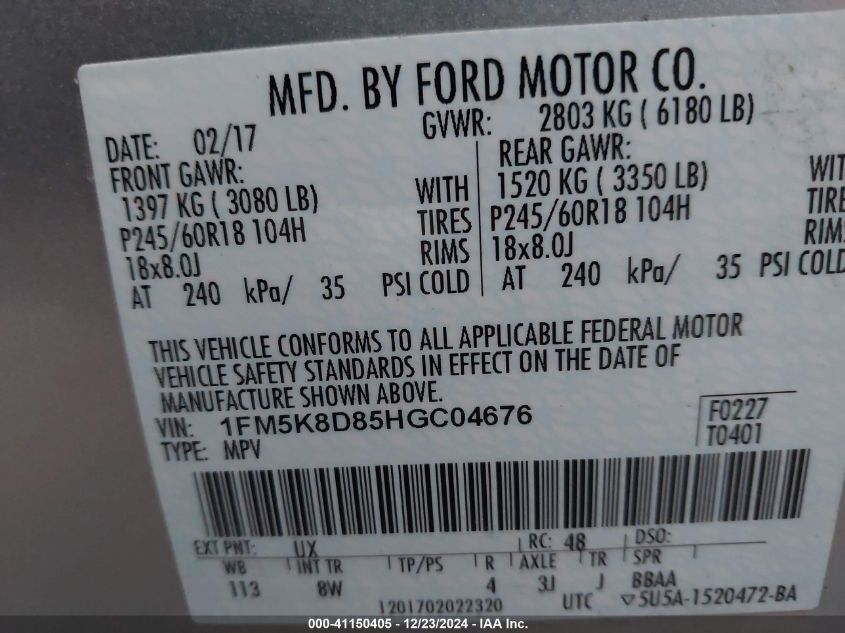 VIN 1FM5K8D85HGC04676 2017 FORD EXPLORER no.9