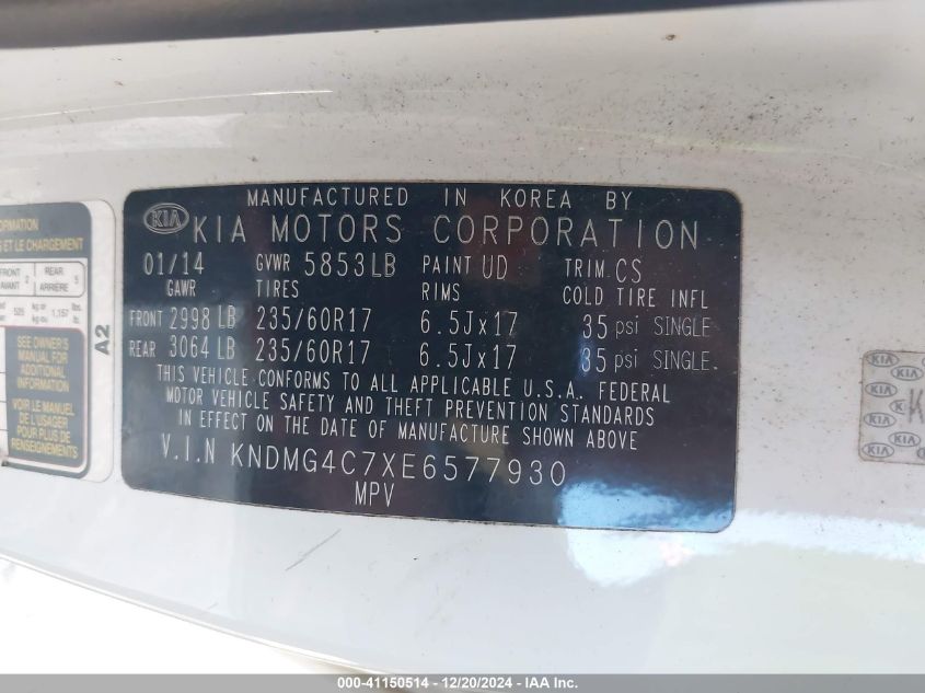 2014 Kia Sedona Lx VIN: KNDMG4C7XE6577930 Lot: 41150514