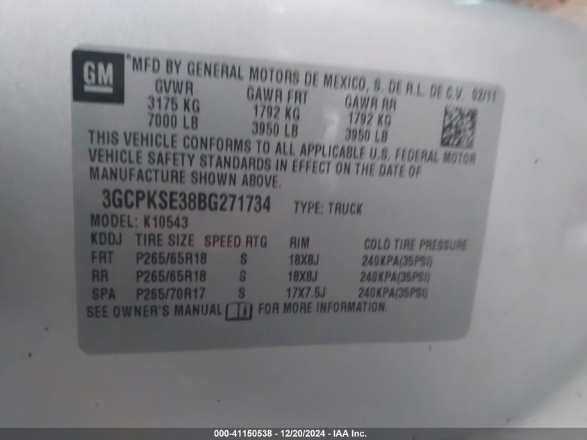 2011 CHEVROLET SILVERADO 1500 VIN: 3GCPKSE38BG271734