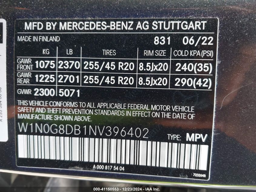 2022 Mercedes-Benz Glc 300 Suv VIN: W1N0G8DB1NV396402 Lot: 41150553