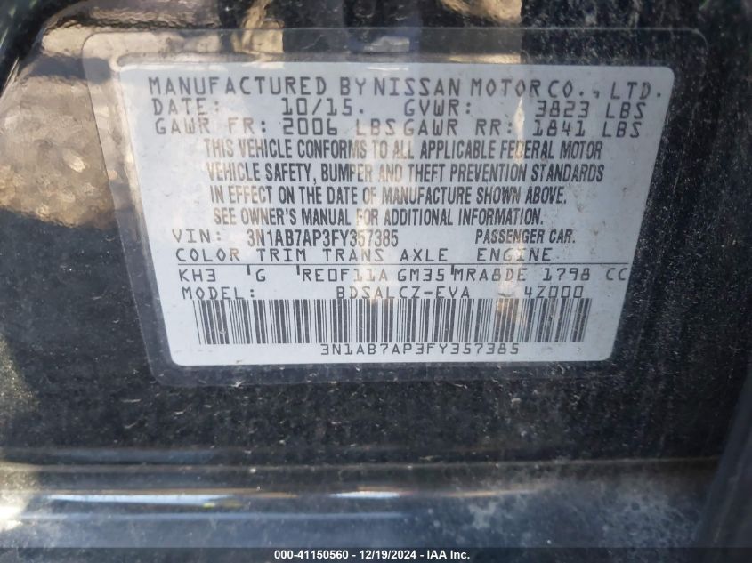 VIN 3N1AB7AP3FY357385 2015 NISSAN SENTRA no.9