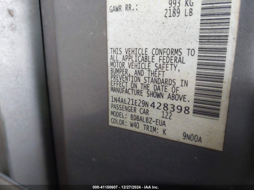 2009 Nissan Altima 2.5 S VIN: 1N4AL21E29N428398 Lot: 41150607