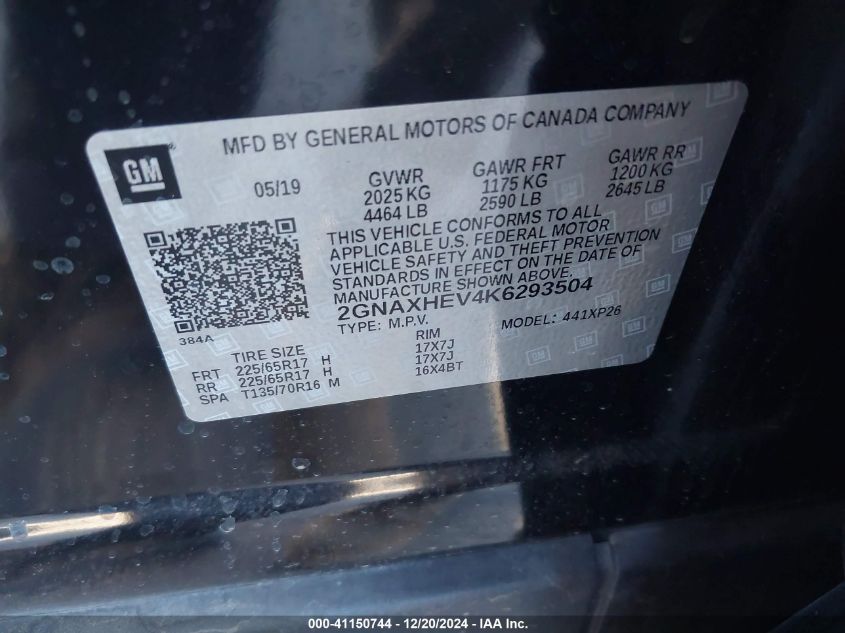 2019 Chevrolet Equinox Ls VIN: 2GNAXHEV4K6293504 Lot: 41150744