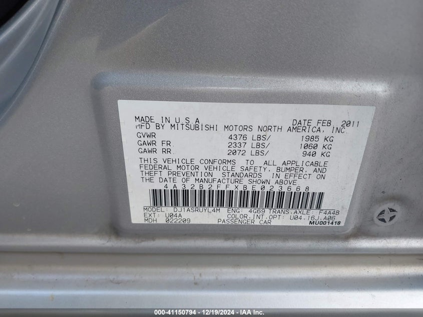 2011 MITSUBISHI GALANT VIN: 4A32B2FFXBE023668