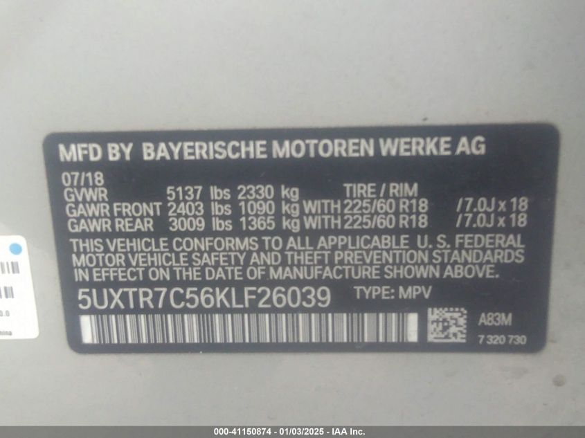 VIN 5UXTR7C56KLF26039 2019 BMW X3 no.9