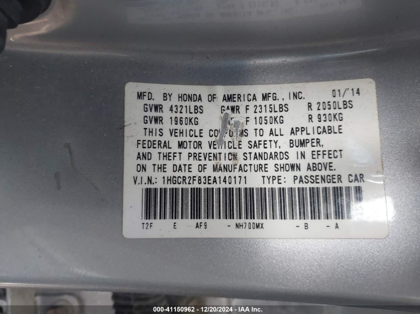 VIN 1HGCR2F83EA140171 2014 Honda Accord, Ex-L no.9