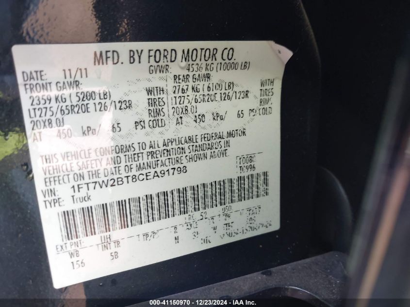 2012 Ford F250 Super Duty VIN: 1FT7W2BT8CEA91798 Lot: 41150970