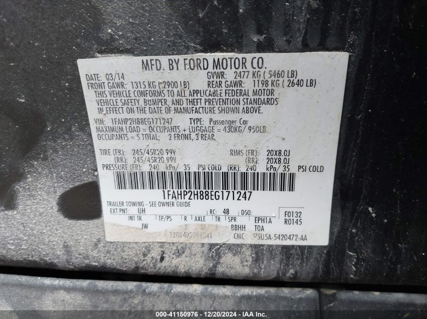 2014 Ford Taurus Sel VIN: 1FAHP2H88EG171247 Lot: 41150976