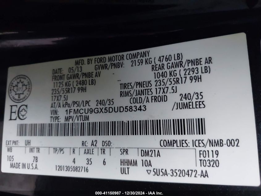 VIN 1FMCU9GX5DUD58343 2013 Ford Escape, SE no.9