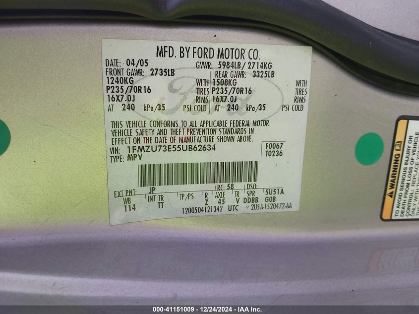 1FMZU73E55UB62634 2005 FORD EXPLORER photo no. 9