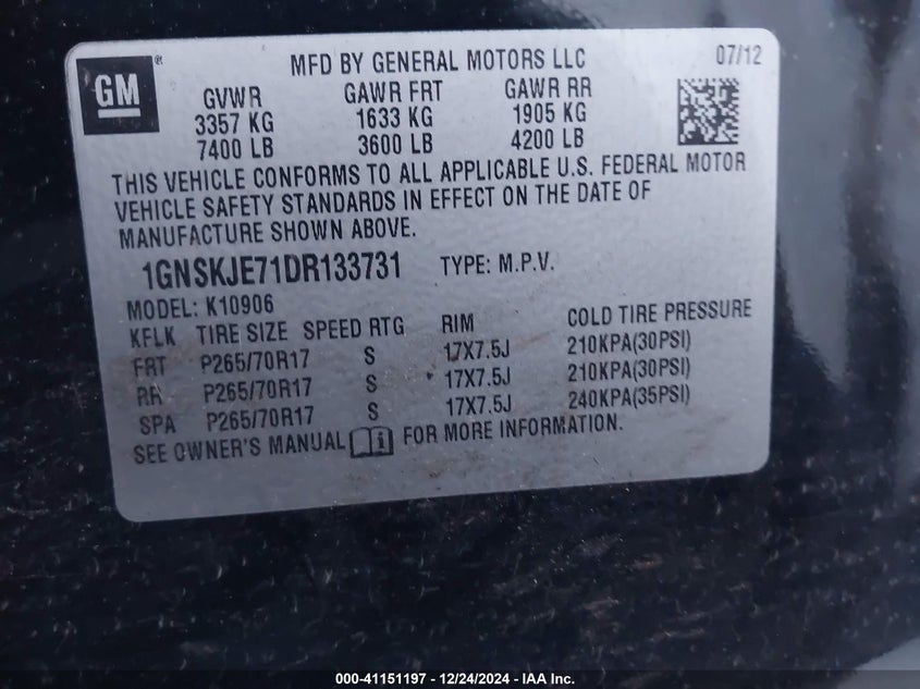 2013 CHEVROLET SUBURBAN VIN: 1GNSKJE71DR133731