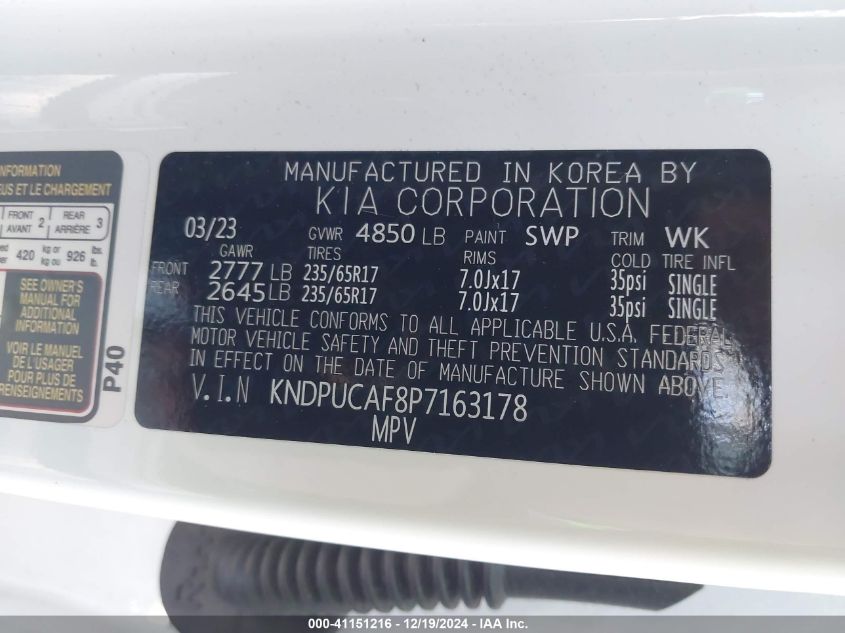 2023 Kia Sportage Lx VIN: KNDPUCAF8P7163178 Lot: 41151216