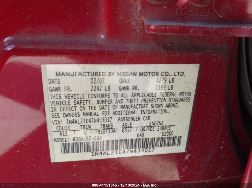 2007 Nissan Altima 2.5 S VIN: 1N4AL21E47N463017 Lot: 41151346