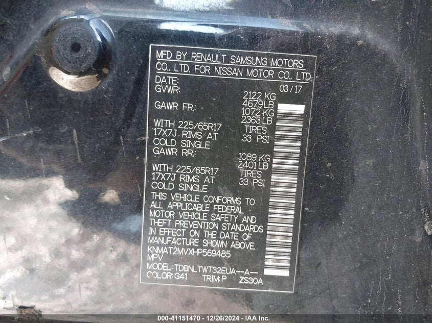 2017 NISSAN ROGUE SV - KNMAT2MVXHP569485