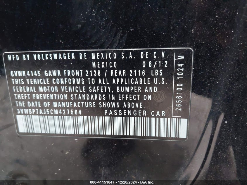 2012 VOLKSWAGEN JETTA VIN: 3VWBP7AJ5CM427564