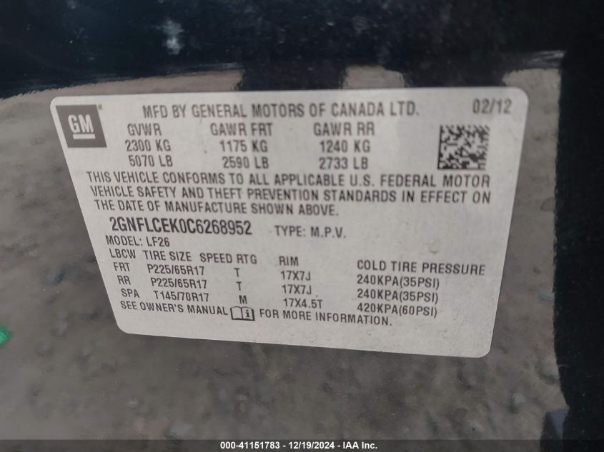 2012 Chevrolet Equinox Ls VIN: 2GNFLCEK0C6268952 Lot: 41151783