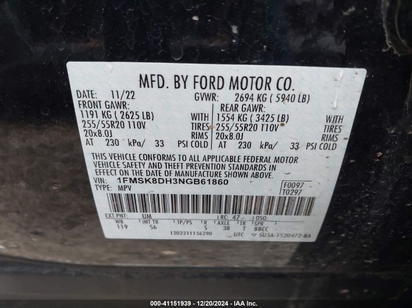 VIN 1FMSK8DH3NGB61860 2022 Ford Explorer, Xlt no.9