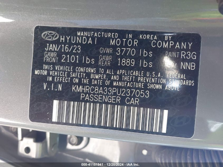 2023 Hyundai Venue Sel VIN: KMHRC8A33PU237053 Lot: 41151941