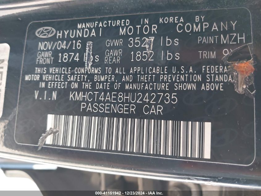 VIN KMHCT4AE8HU242735 2017 Hyundai Accent, SE no.9