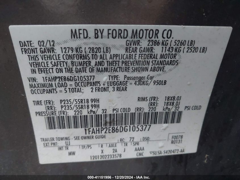 2013 Ford Taurus Sel VIN: 1FAHP2E86DG105377 Lot: 41151956