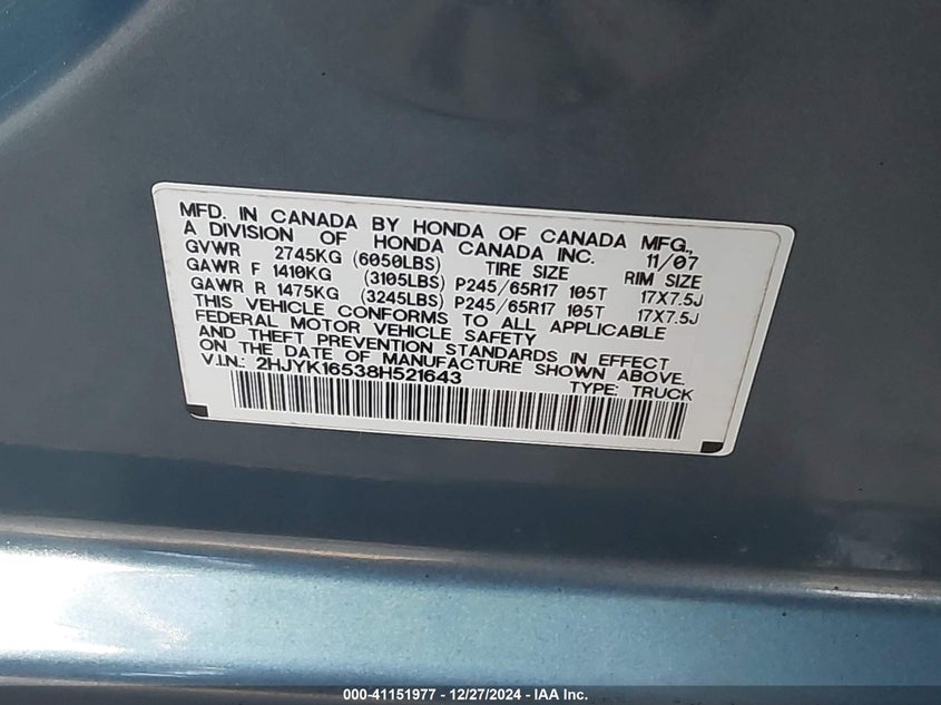 2008 HONDA RIDGELINE VIN: 2HJYK16538H521643