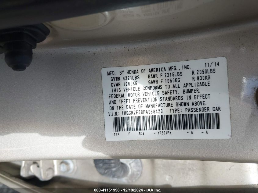 VIN 1HGCR2F50FA058423 2015 HONDA ACCORD no.9