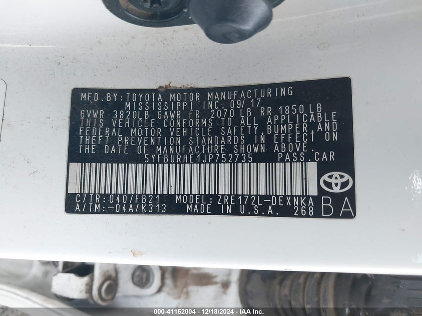 2018 TOYOTA COROLLA VIN: 5YFBURHE1JP752735