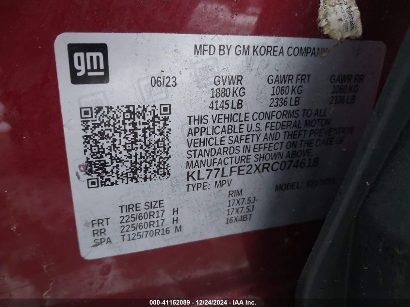 VIN KL77LFE2XRC074618 2024 Chevrolet Trax, Fwd Sp no.9