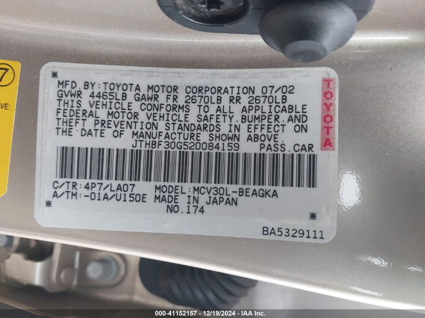 2002 Lexus Es 300 VIN: JTHBF30G520084159 Lot: 41152157