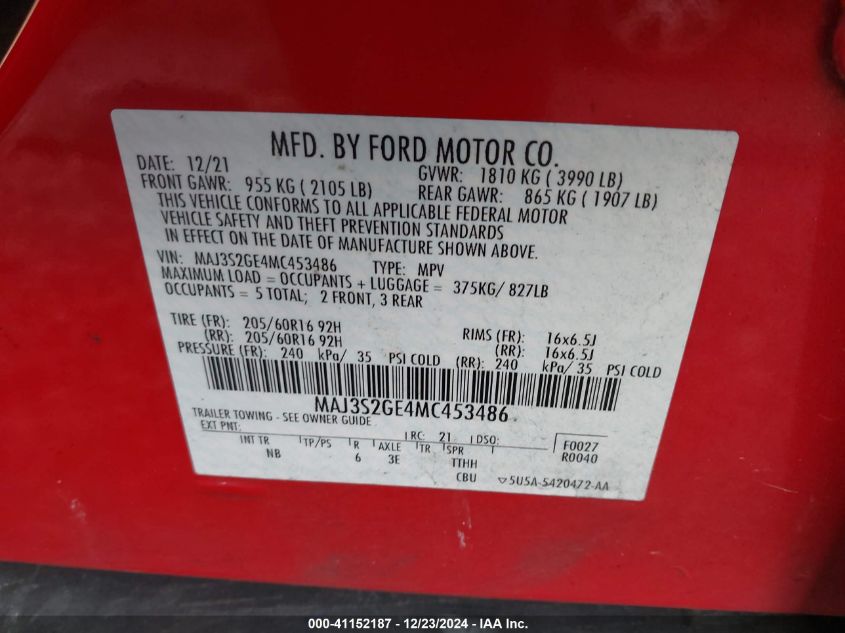 2021 Ford Ecosport Se VIN: MAJ3S2GE4MC453486 Lot: 41152187