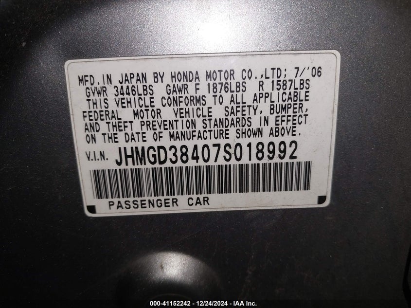 2007 Honda Fit VIN: JHMGD38407S018992 Lot: 41152242