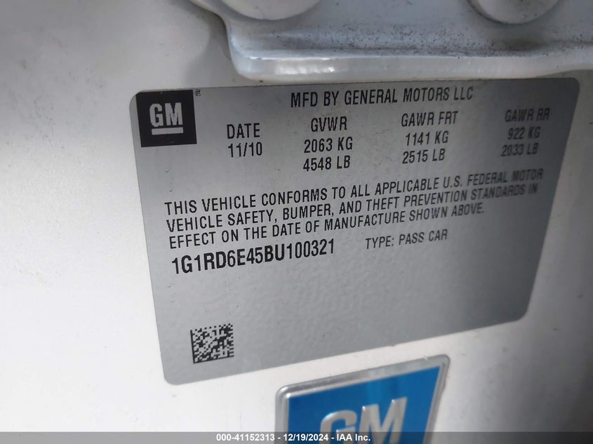2011 CHEVROLET VOLT VIN: 1G1RD6E45BU100321