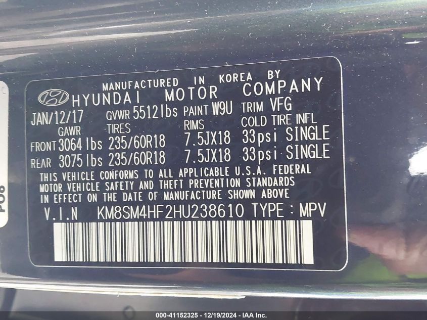 VIN KM8SM4HF2HU238610 2017 Hyundai Santa Fe, SE no.9