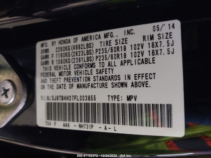 VIN 5J8TB4H37FL003855 2015 Acura RDX no.9