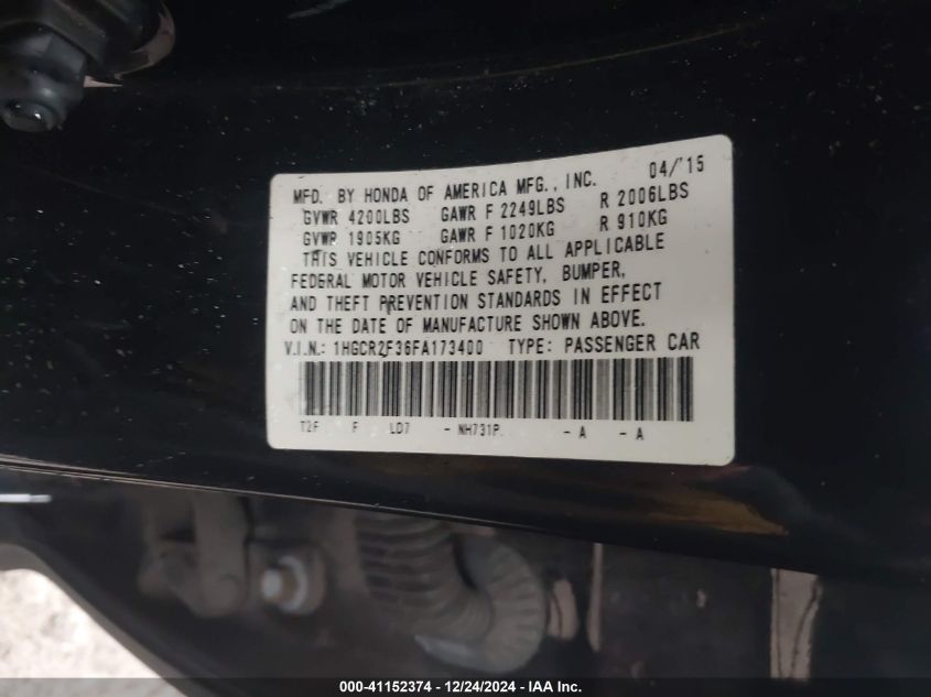 VIN 1HGCR2F36FA173400 2015 Honda Accord, LX no.9