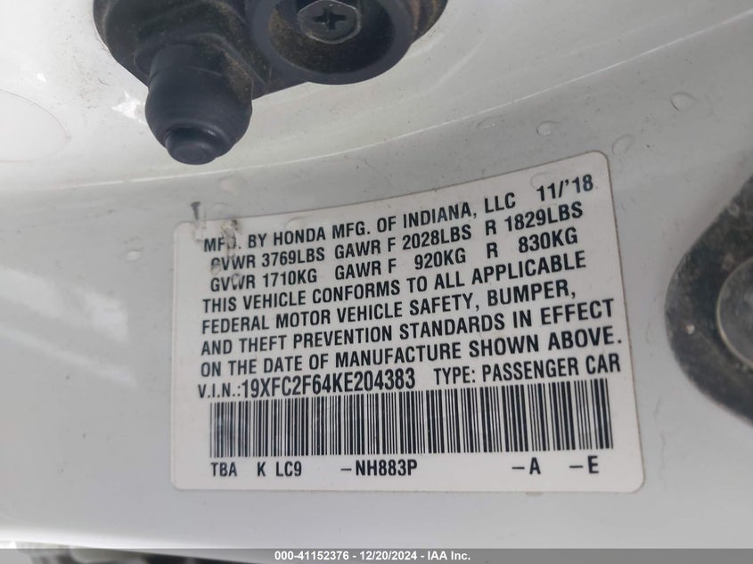 2019 HONDA CIVIC VIN: 19XFC2F64KE204383