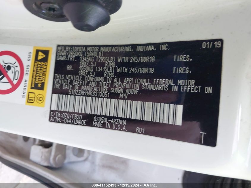 2019 Toyota Highlander Le VIN: 5TDZZRFH4KS313051 Lot: 41152493