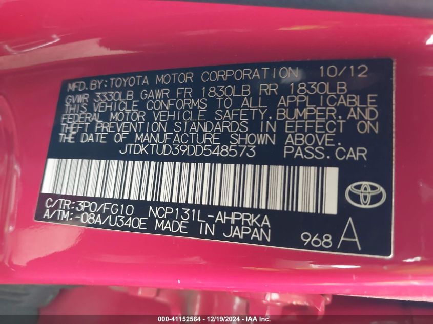 2013 TOYOTA YARIS VIN: JTDKTUD39DD548573