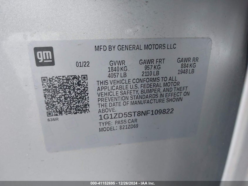2022 CHEVROLET MALIBU VIN: 1G1ZD5ST8NF109822