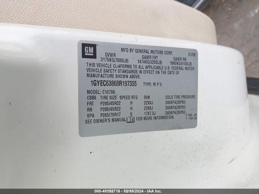 2008 Cadillac Escalade Standard VIN: 1GYEC63868R197355 Lot: 41152718