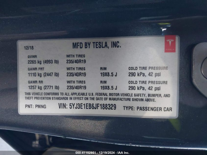 2018 TESLA MODEL 3 LONG RANGE/PERFORMANCE - 5YJ3E1EB6JF188329