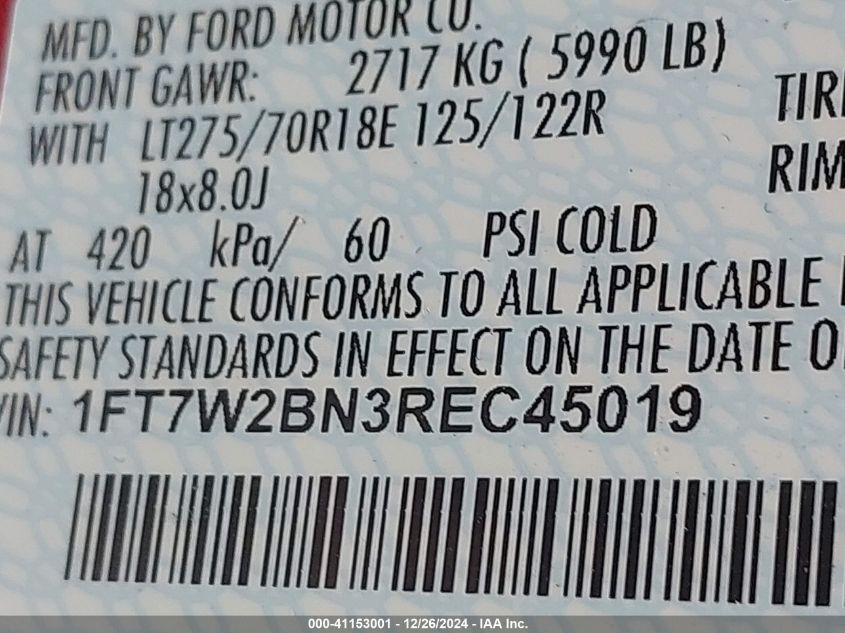 2024 Ford F-250 Xlt VIN: 1FT7W2BN3REC45019 Lot: 41153001