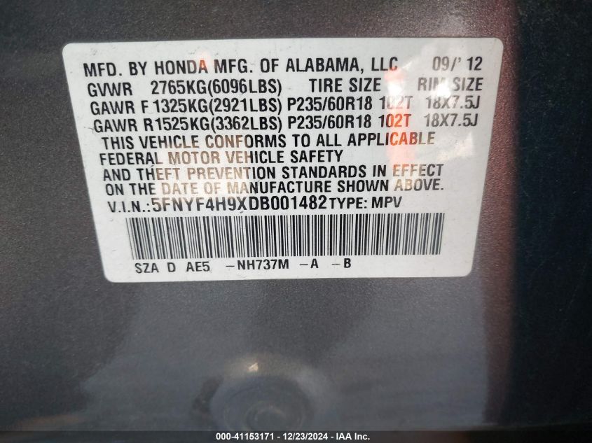 VIN 5FNYF4H9XDB001482 2013 Honda Pilot, Touring no.9