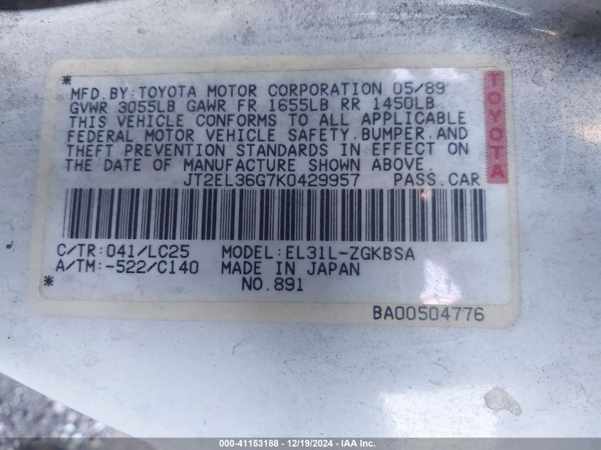 1989 Toyota Tercel Ez VIN: JT2EL36G7K0429957 Lot: 41153188