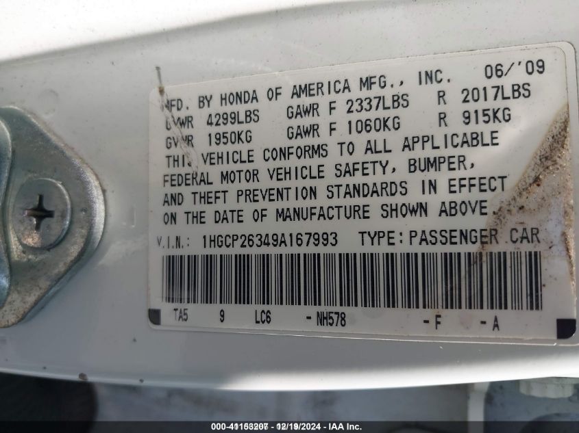 2009 Honda Accord 2.4 Lx VIN: 1HGCP26349A167993 Lot: 41153207