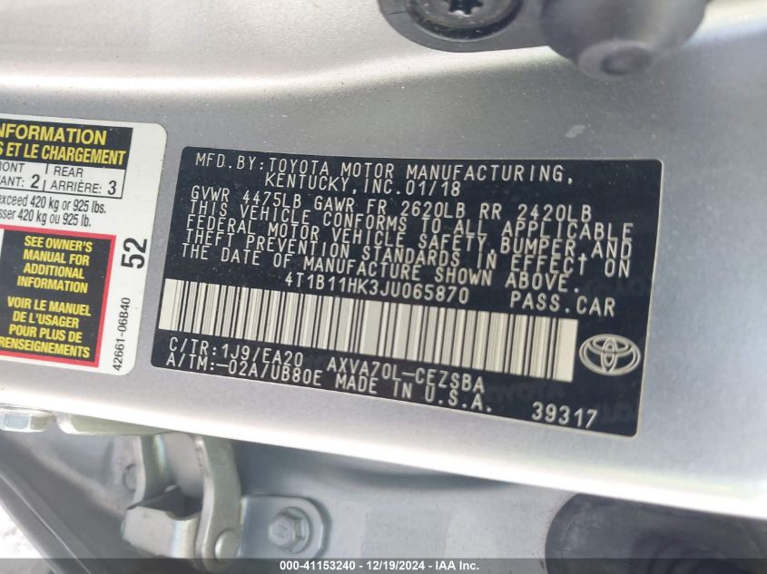 VIN 4T1B11HK3JU065870 2018 TOYOTA CAMRY no.9