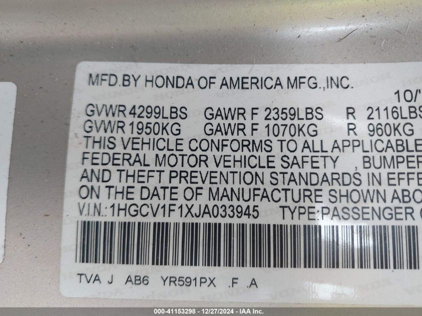 VIN 1HGCV1F1XJA033945 2018 Honda Accord, LX no.9