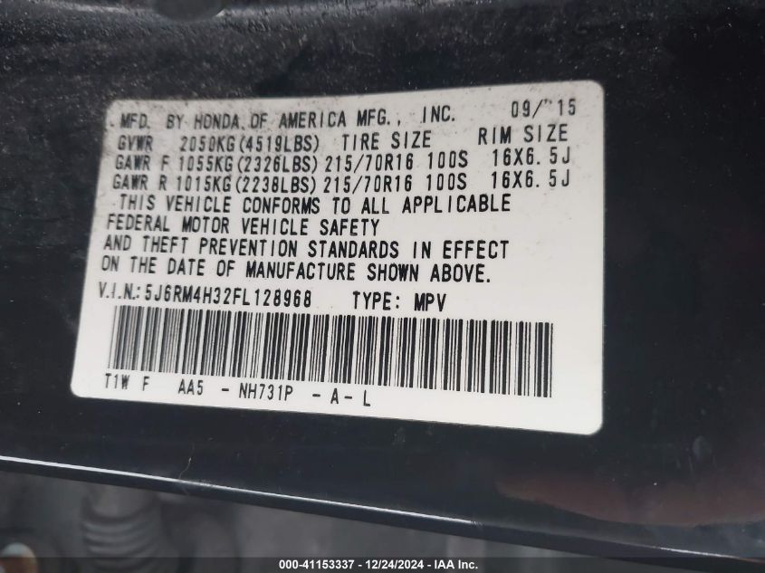 2015 HONDA CR-V VIN: 5J6RM4H32FL128968