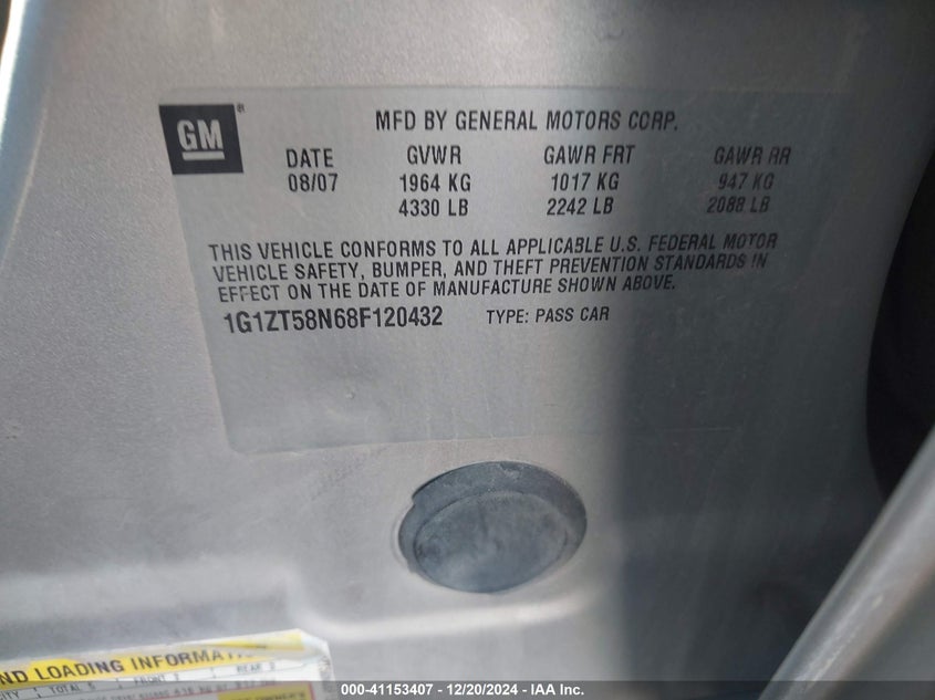 2008 CHEVROLET MALIBU VIN: 1G1ZT58N68F120432