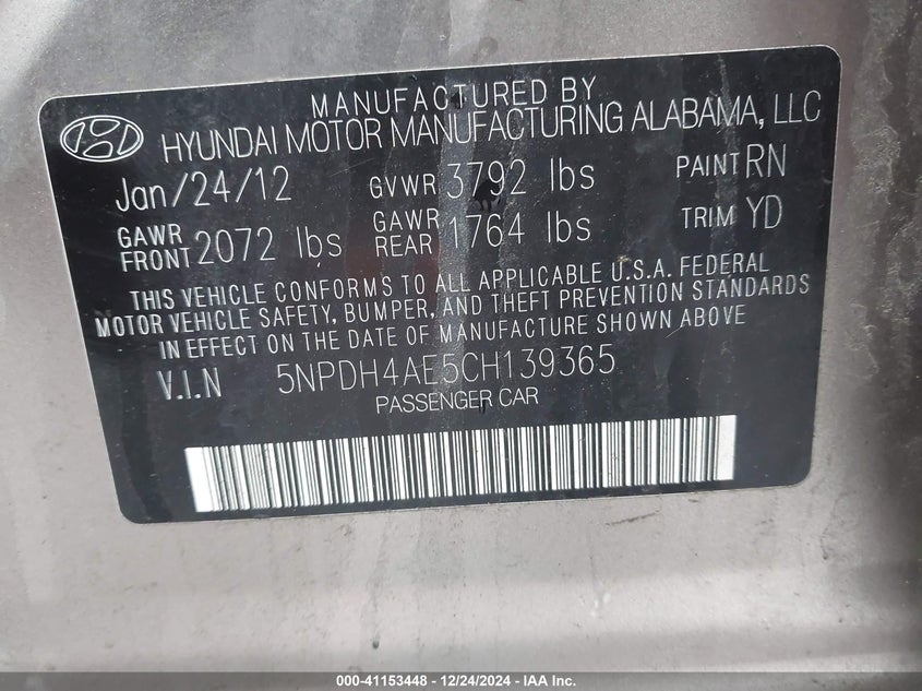 2012 HYUNDAI ELANTRA VIN: 5NPDH4AE5CH139365